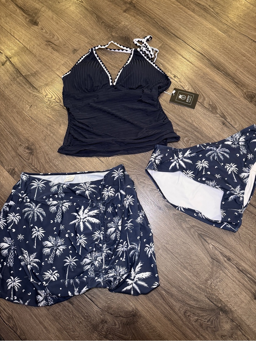 Navy & White Tropical 3-Piece Swim Set - Tankini, Skirt, Bikini Bottoms NEW